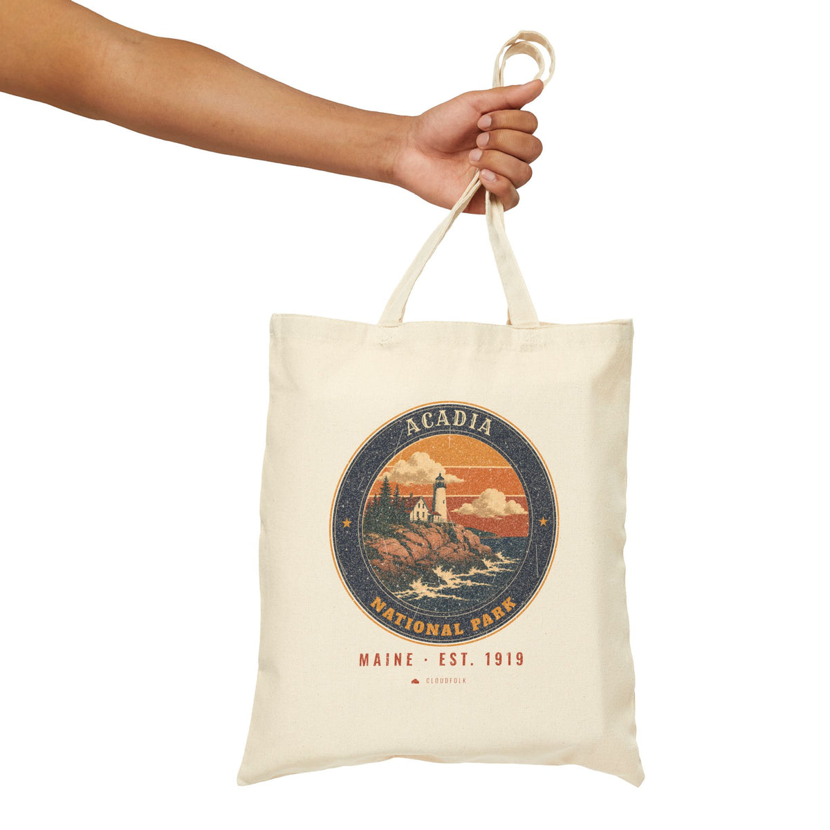 Acadia National Park Tote Bag – Vintage Lighthouse Coast Natural Canvas Tote – Emblem