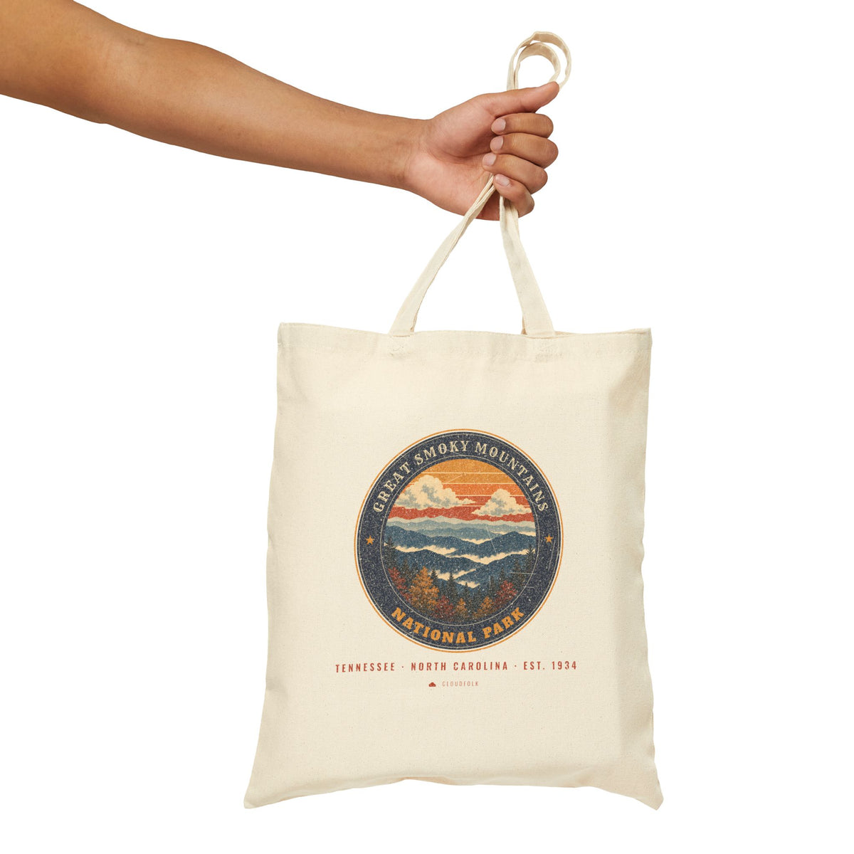 Great Smoky Mountains National Park Tote Bag – Vintage Misty Ridges Natural Canvas Tote – Emblem