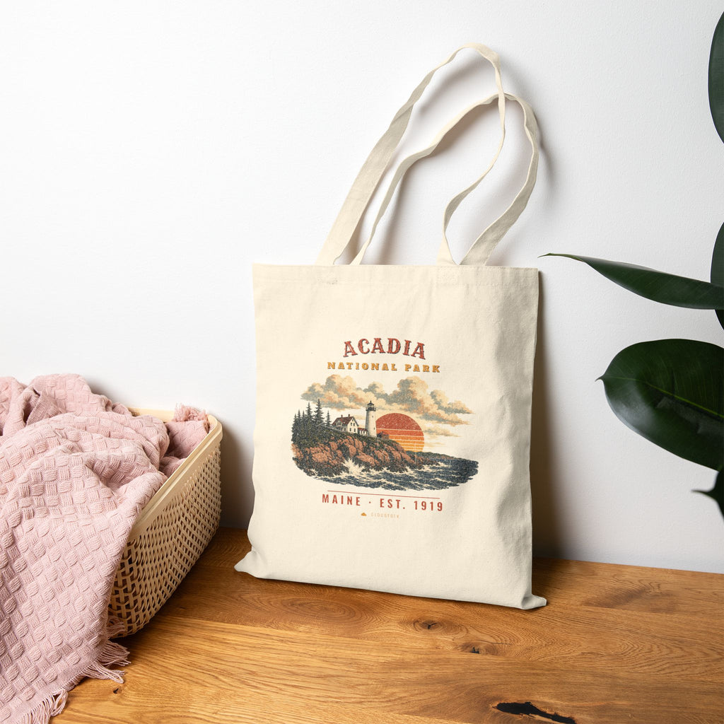 Acadia National Park Tote Bag – Vintage Lighthouse Coast Natural Canvas Tote – Landscape