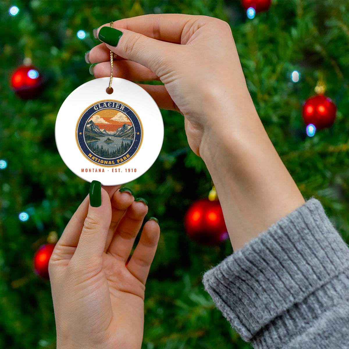 Glacier National Park Ornament – Vintage St. Mary Lake Ceramic Christmas Ornament – Emblem