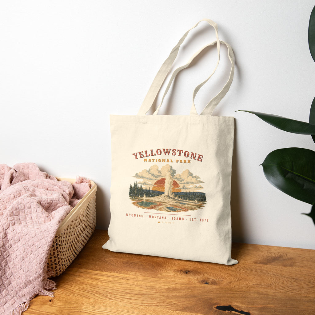 Yellowstone National Park Tote Bag – Vintage Geyser Basin Natural Canvas Tote – Landscape