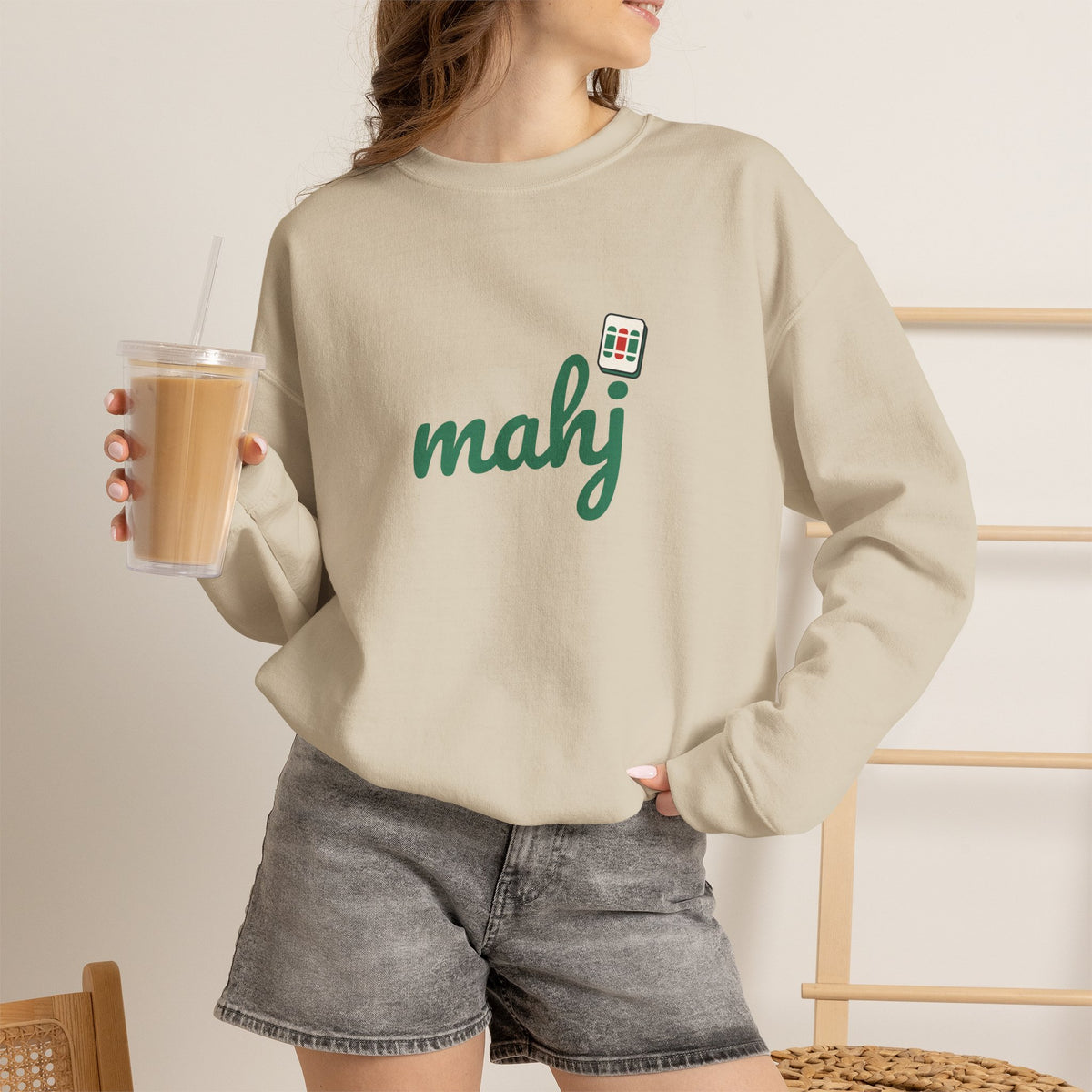 Mahj Sweatshirt with Mahjong Tile, Script Lettering Unisex Crewneck