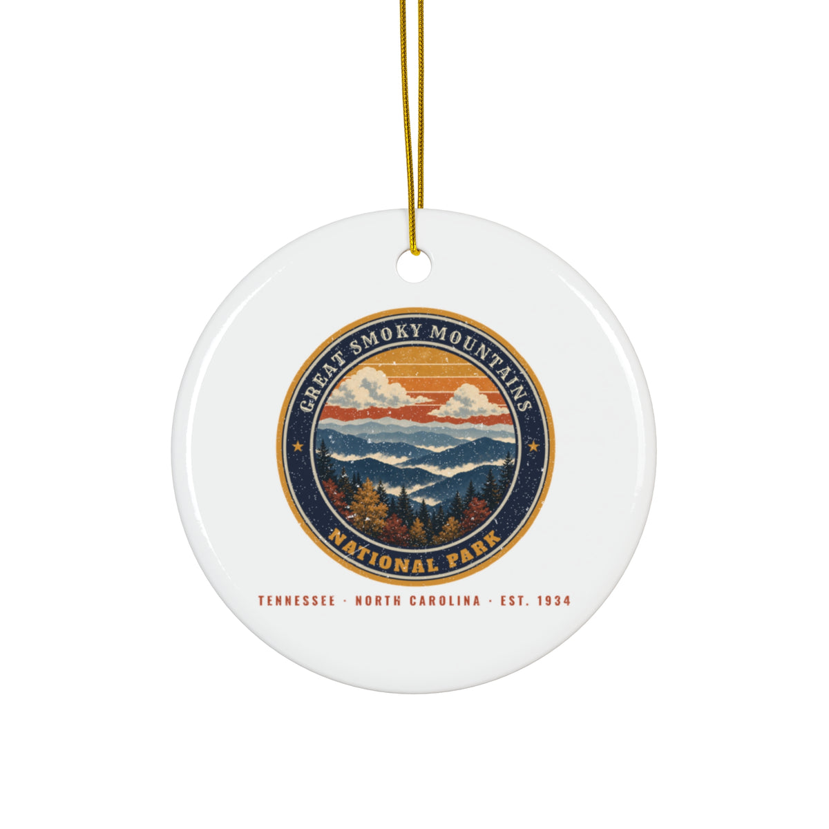 Great Smoky Mountains National Park Ornament – Vintage Misty Ridges Ceramic Christmas Ornament – Emblem