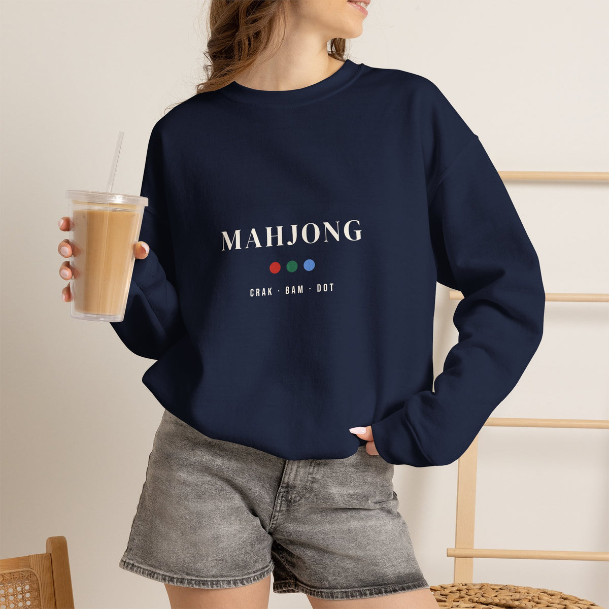 Mahjong Sweatshirt, Minimalist Serif Crak Bam Dot Unisex Crewneck