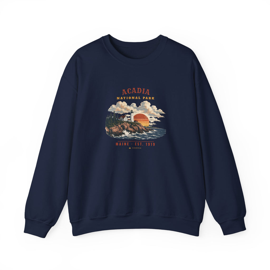 Acadia National Park crewneck sweatshirt, vintage Lighthouse Coast design in the landscape style, photo 4 of 5