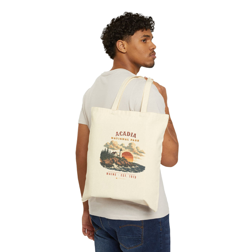 Acadia National Park Tote Bag – Vintage Lighthouse Coast Natural Canvas Tote – Landscape