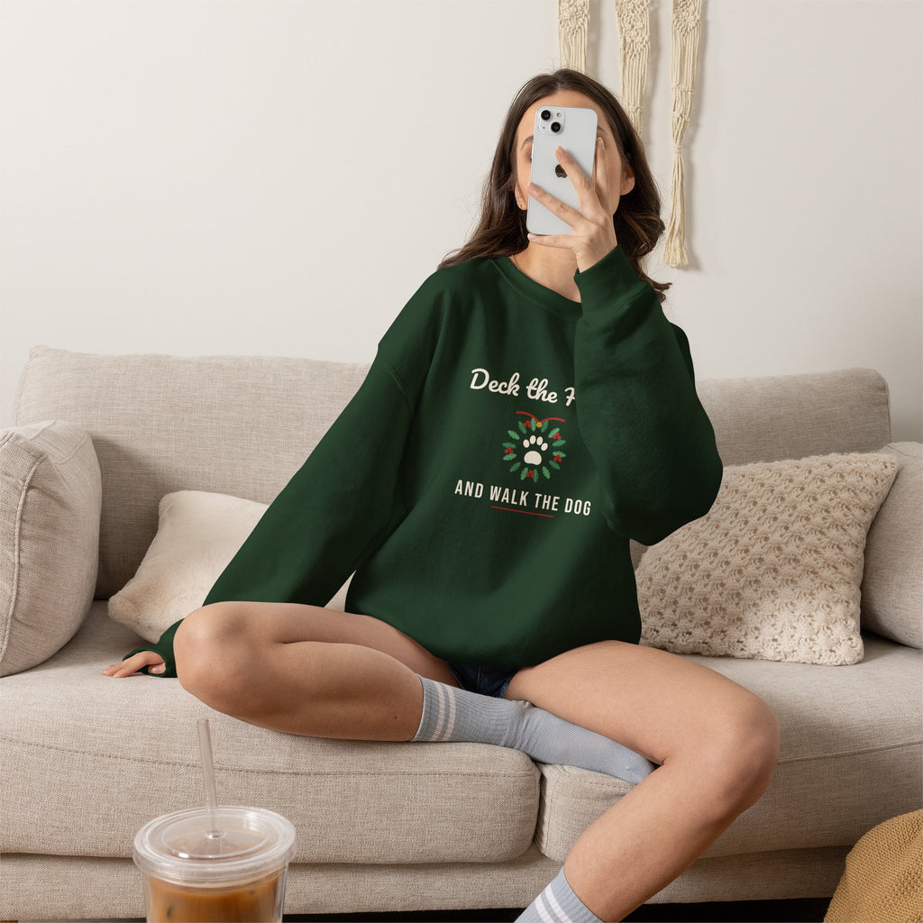 Funny Dog Christmas Sweatshirt, Deck the Halls Paw Wreath Crewneck