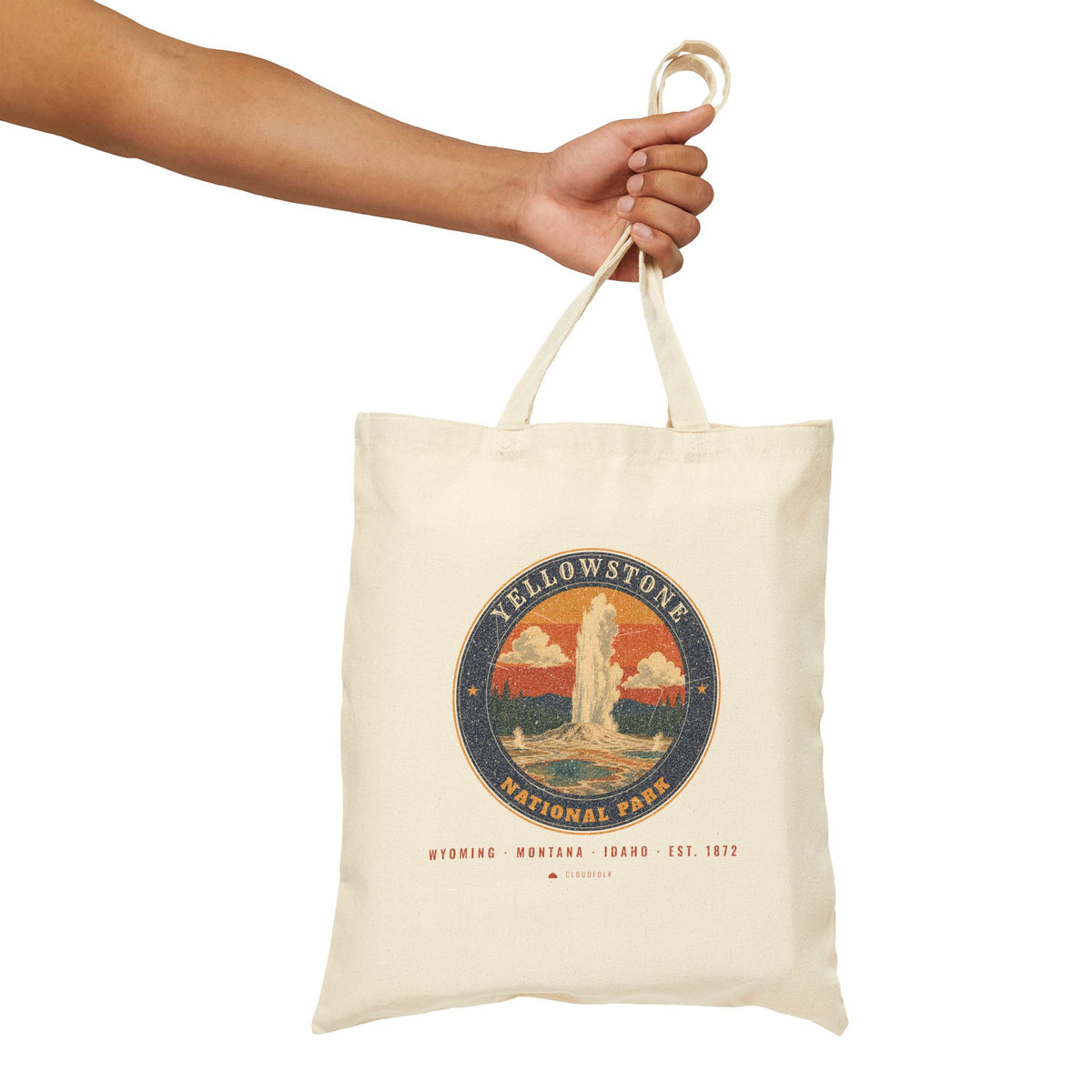 Yellowstone National Park Tote Bag – Vintage Geyser Basin Natural Canvas Tote – Emblem