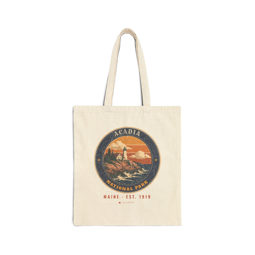 Acadia National Park Tote Bag – Vintage Lighthouse Coast Natural Canvas Tote – Emblem
