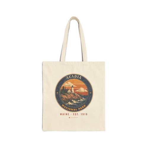 Acadia National Park Tote Bag – Vintage Lighthouse Coast Natural Canvas Tote – Emblem