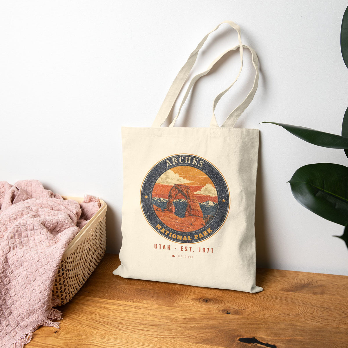 Arches National Park Tote Bag – Vintage Delicate Arch Natural Canvas Tote – Emblem