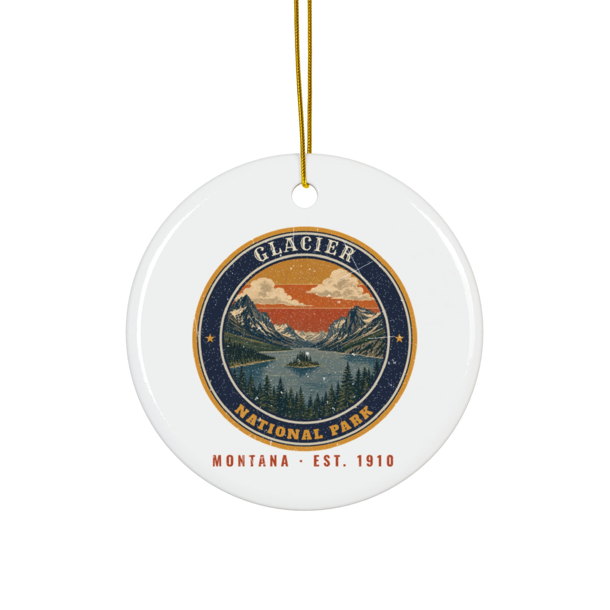 Glacier National Park Ornament – Vintage St. Mary Lake Ceramic Christmas Ornament – Emblem