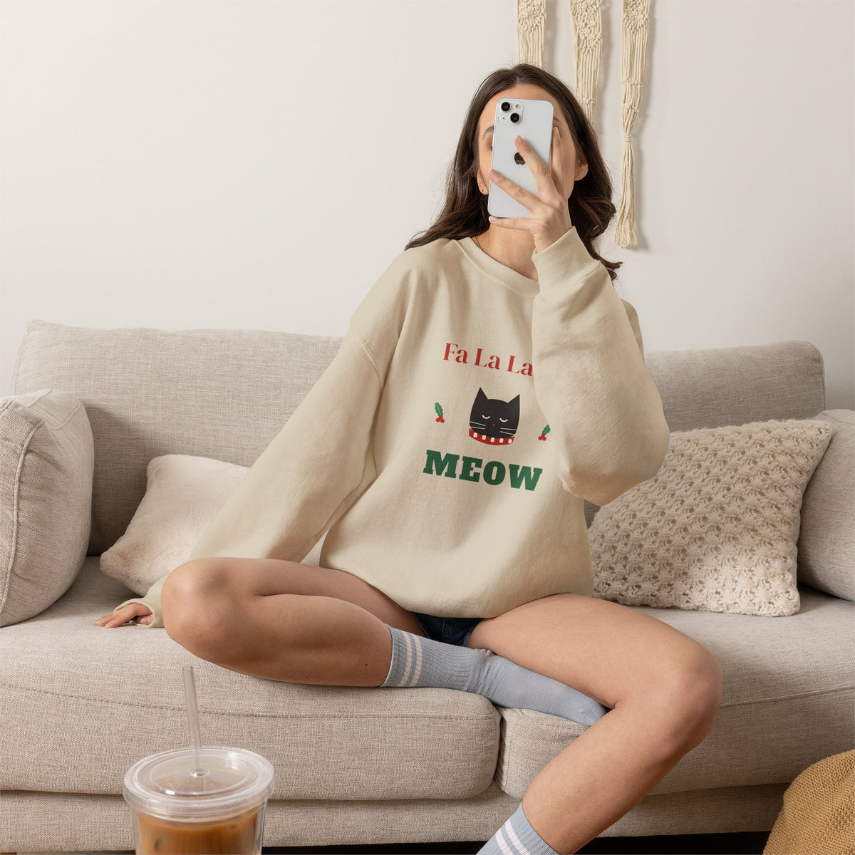 Funny Cat Christmas Sweatshirt, Fa La La La Meow Holiday Crewneck