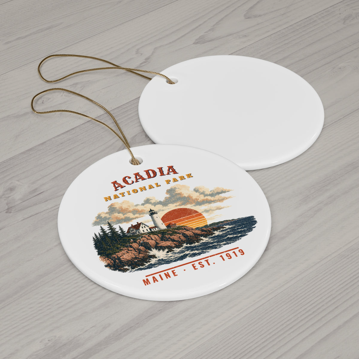 Acadia National Park Ornament – Vintage Lighthouse Coast Ceramic Christmas Ornament – Landscape