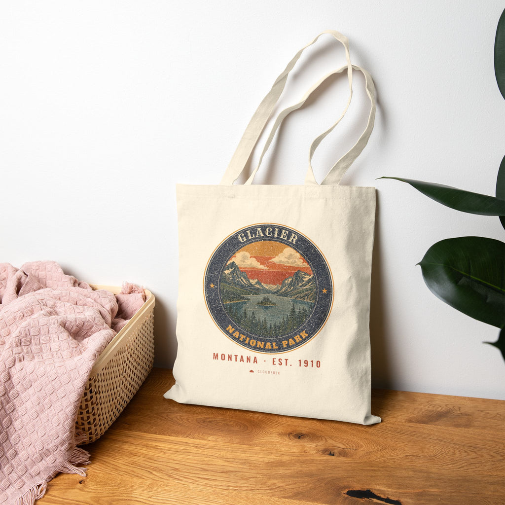 Glacier National Park Tote Bag – Vintage St. Mary Lake Natural Canvas Tote – Emblem