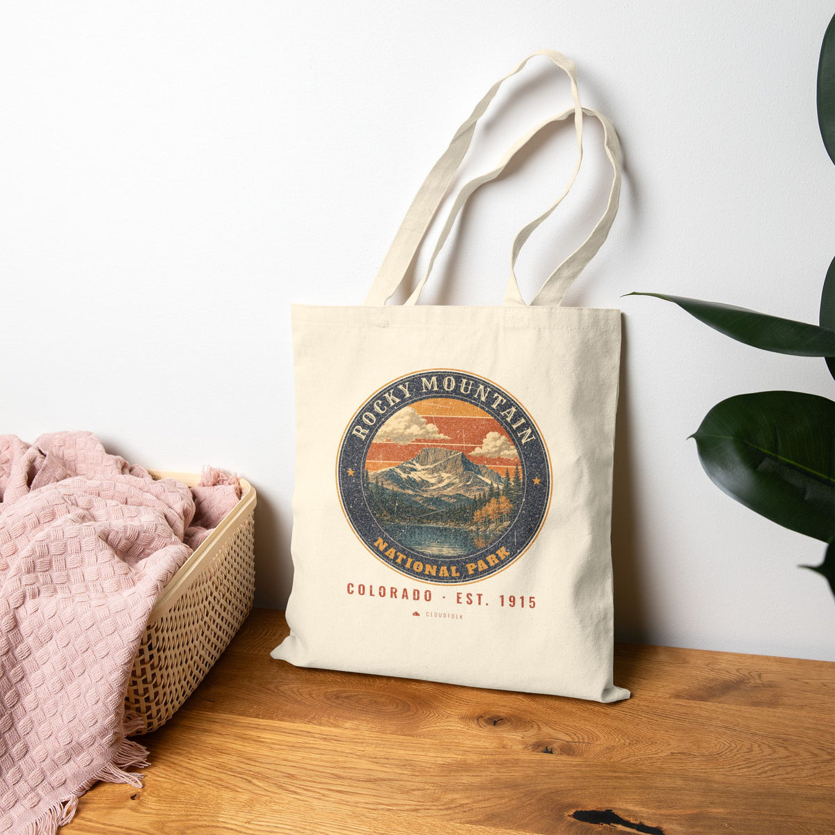 Rocky Mountain National Park Tote Bag – Vintage Longs Peak Natural Canvas Tote – Emblem