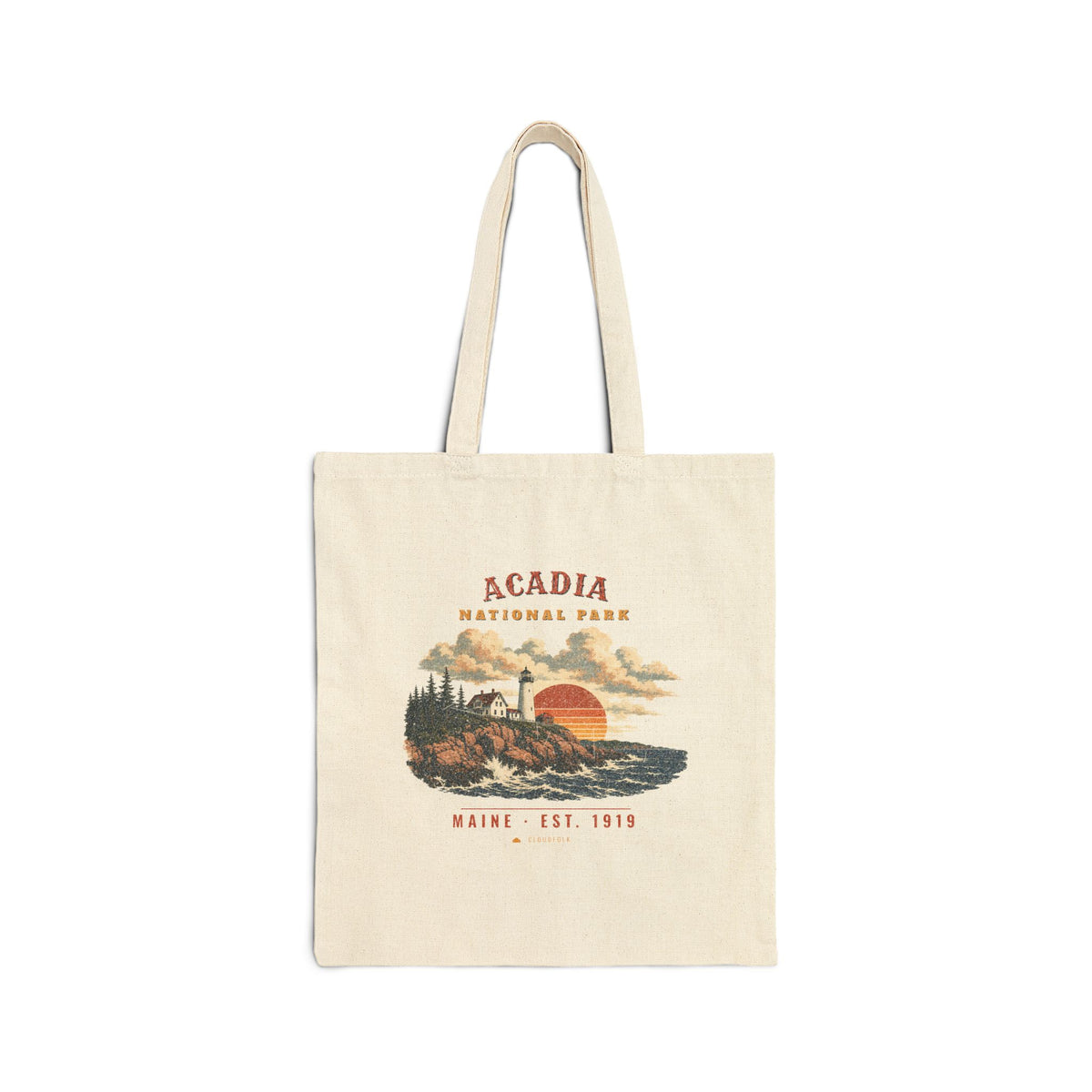 Acadia National Park Tote Bag – Vintage Lighthouse Coast Natural Canvas Tote – Landscape