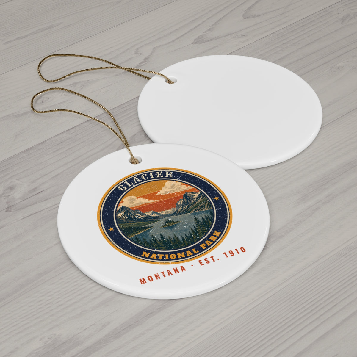 Glacier National Park Ornament – Vintage St. Mary Lake Ceramic Christmas Ornament – Emblem