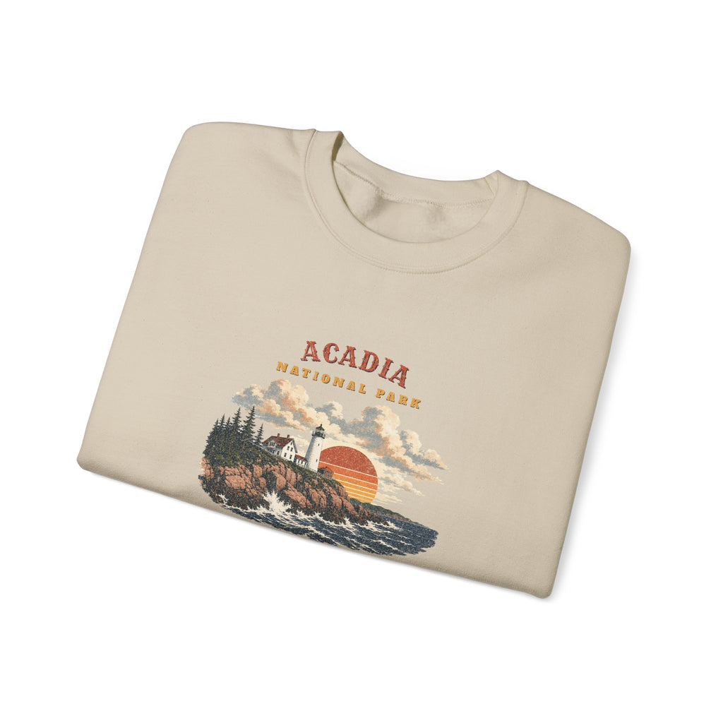 Acadia National Park crewneck sweatshirt, vintage Lighthouse Coast design in the landscape style, photo 5 of 5