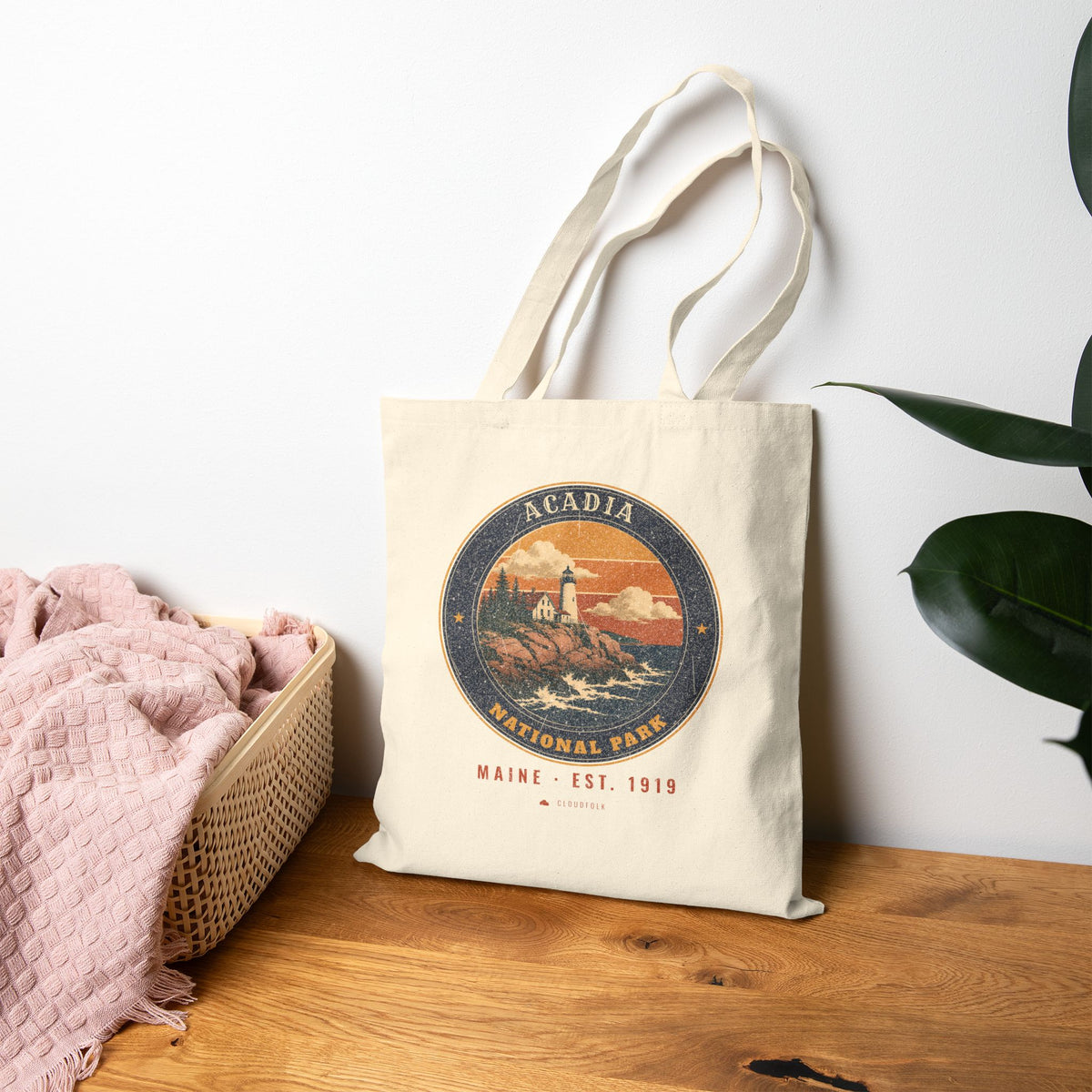 Acadia National Park Tote Bag – Vintage Lighthouse Coast Natural Canvas Tote – Emblem