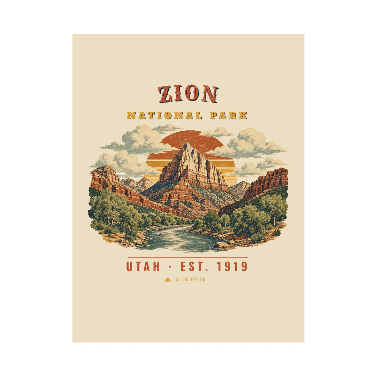 Zion National Park Poster – Vintage The Watchman 18x24 Art Print – Landscape