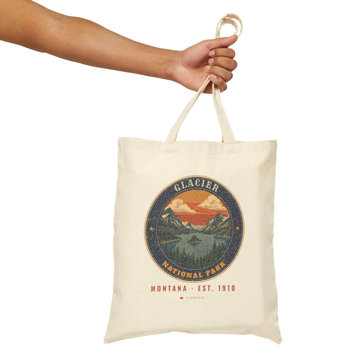 Glacier National Park Tote Bag – Vintage St. Mary Lake Natural Canvas Tote – Emblem