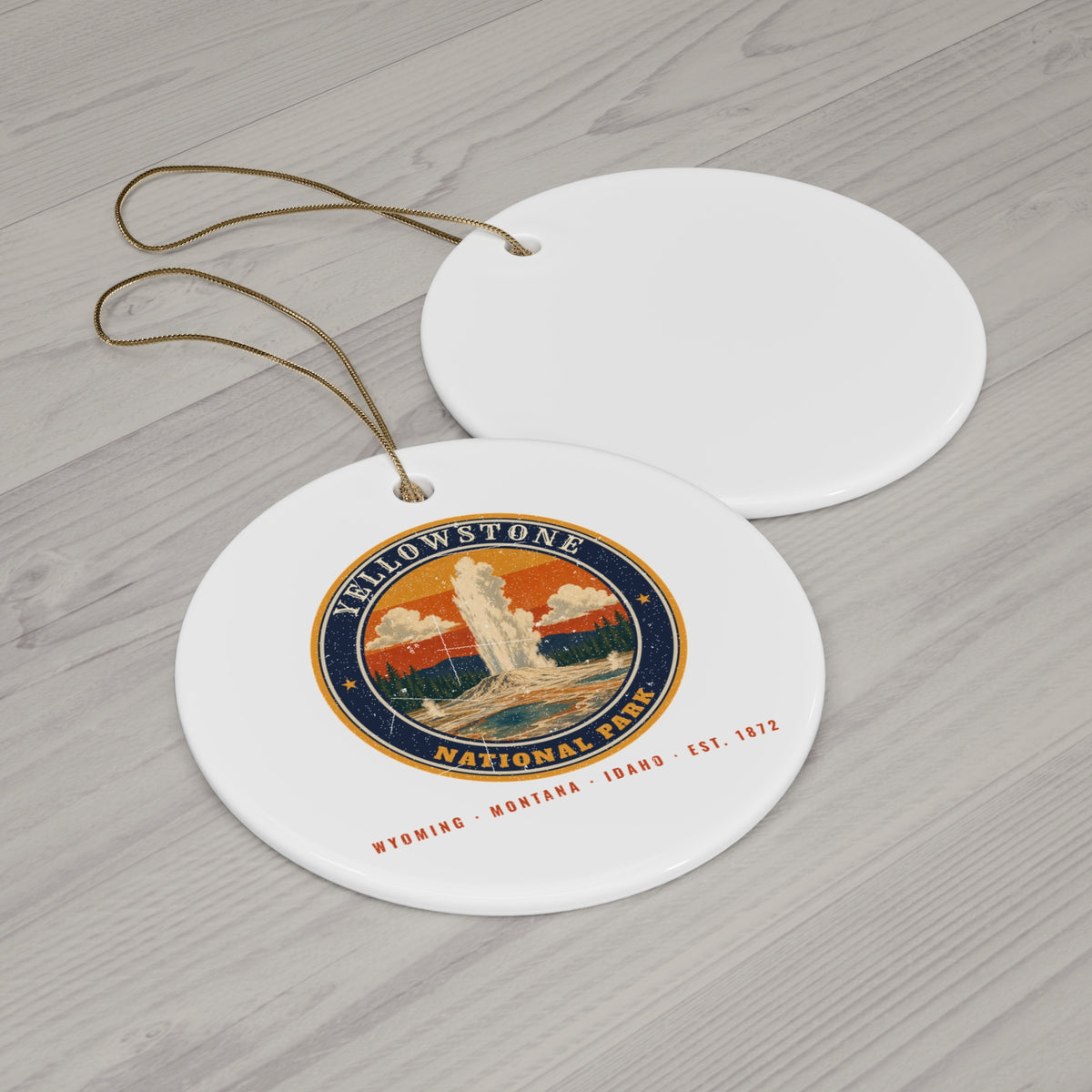 Yellowstone National Park Ornament – Vintage Geyser Basin Ceramic Christmas Ornament – Emblem