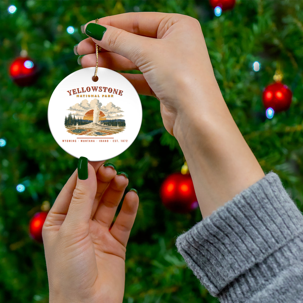 Yellowstone National Park Ornament – Vintage Geyser Basin Ceramic Christmas Ornament – Landscape