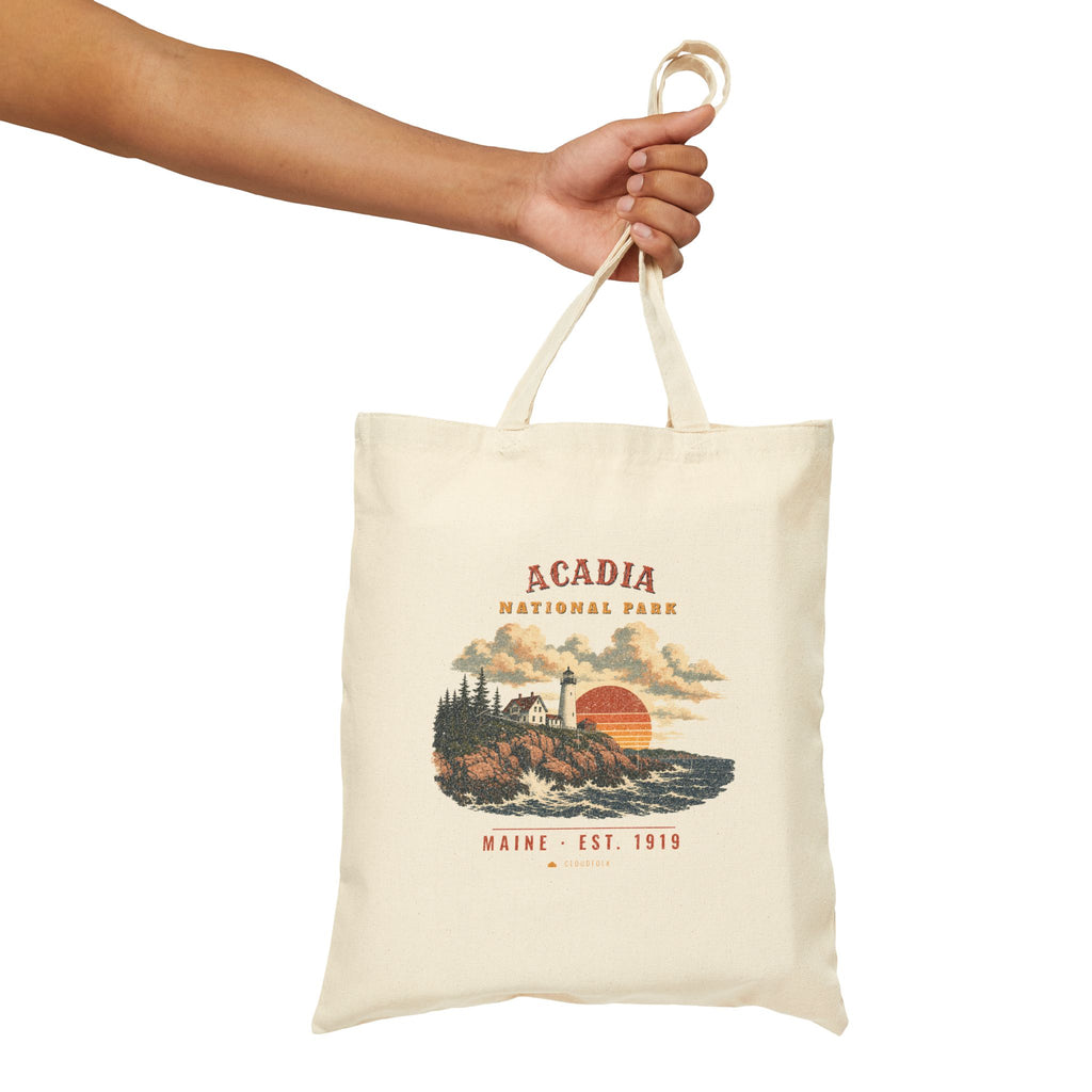 Acadia National Park Tote Bag – Vintage Lighthouse Coast Natural Canvas Tote – Landscape