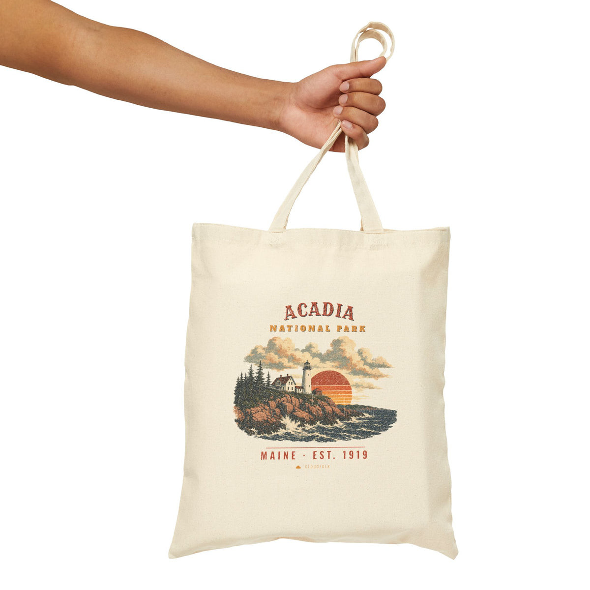 Acadia National Park Tote Bag – Vintage Lighthouse Coast Natural Canvas Tote – Landscape