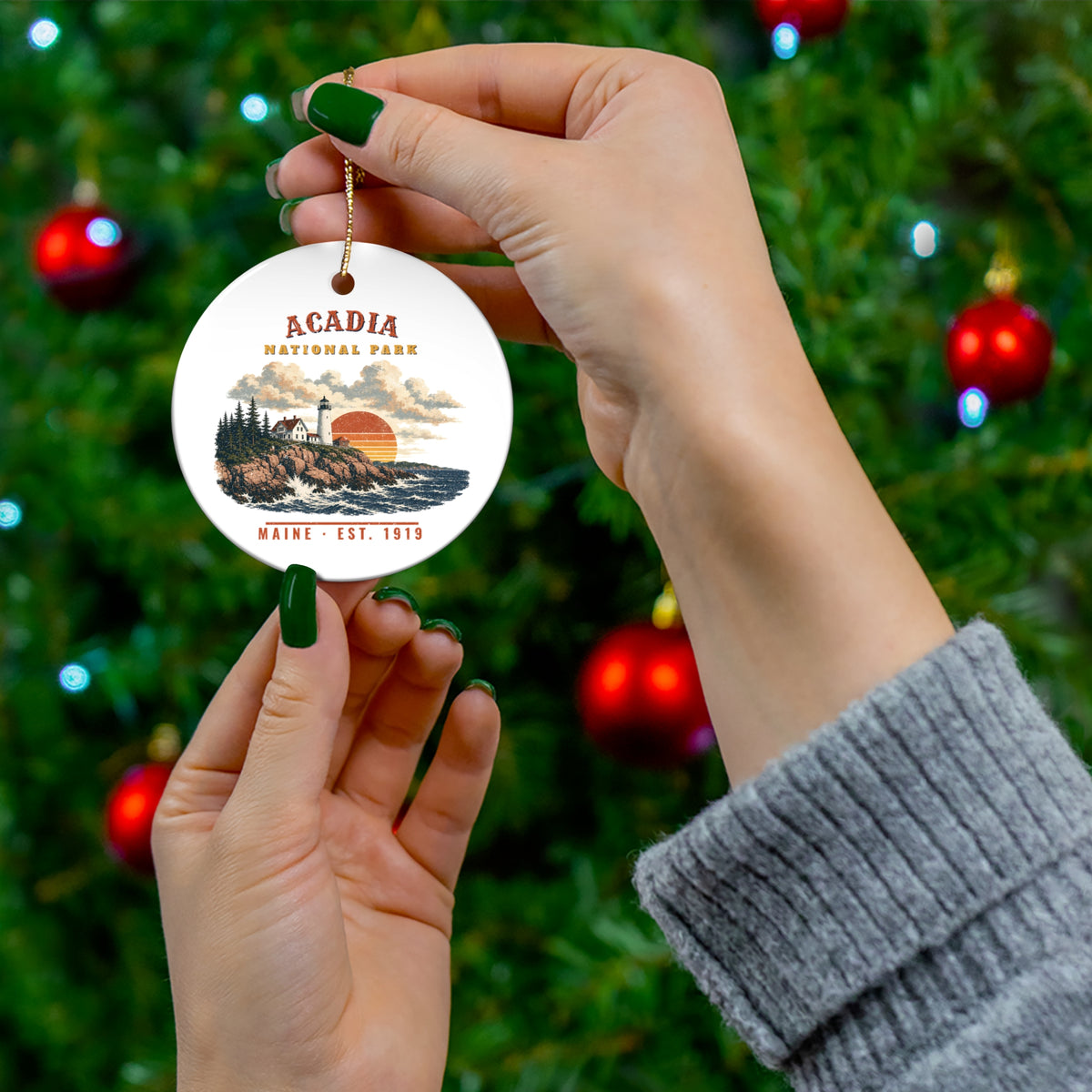 Acadia National Park Ornament – Vintage Lighthouse Coast Ceramic Christmas Ornament – Landscape