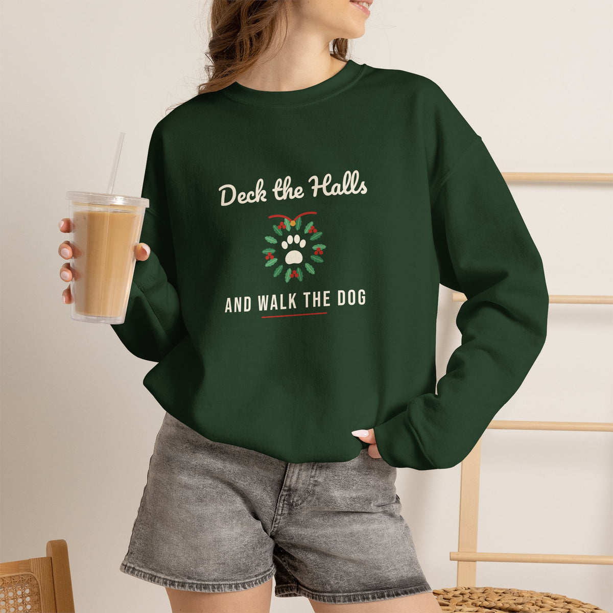 Funny Dog Christmas Sweatshirt, Deck the Halls Paw Wreath Crewneck