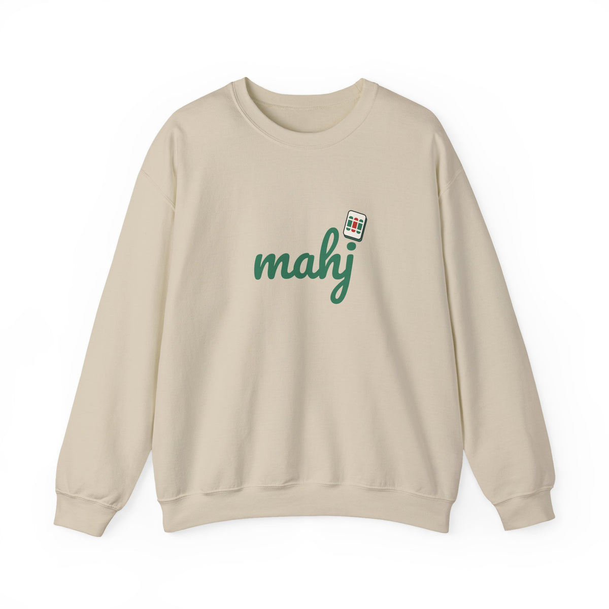 Mahj Sweatshirt with Mahjong Tile, Script Lettering Unisex Crewneck