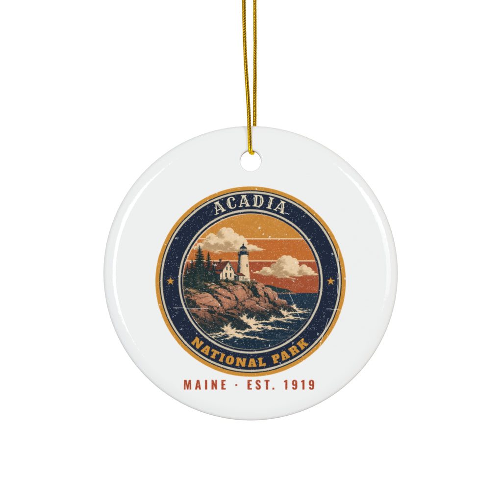 Acadia National Park Ornament – Vintage Lighthouse Coast Ceramic Christmas Ornament – Emblem