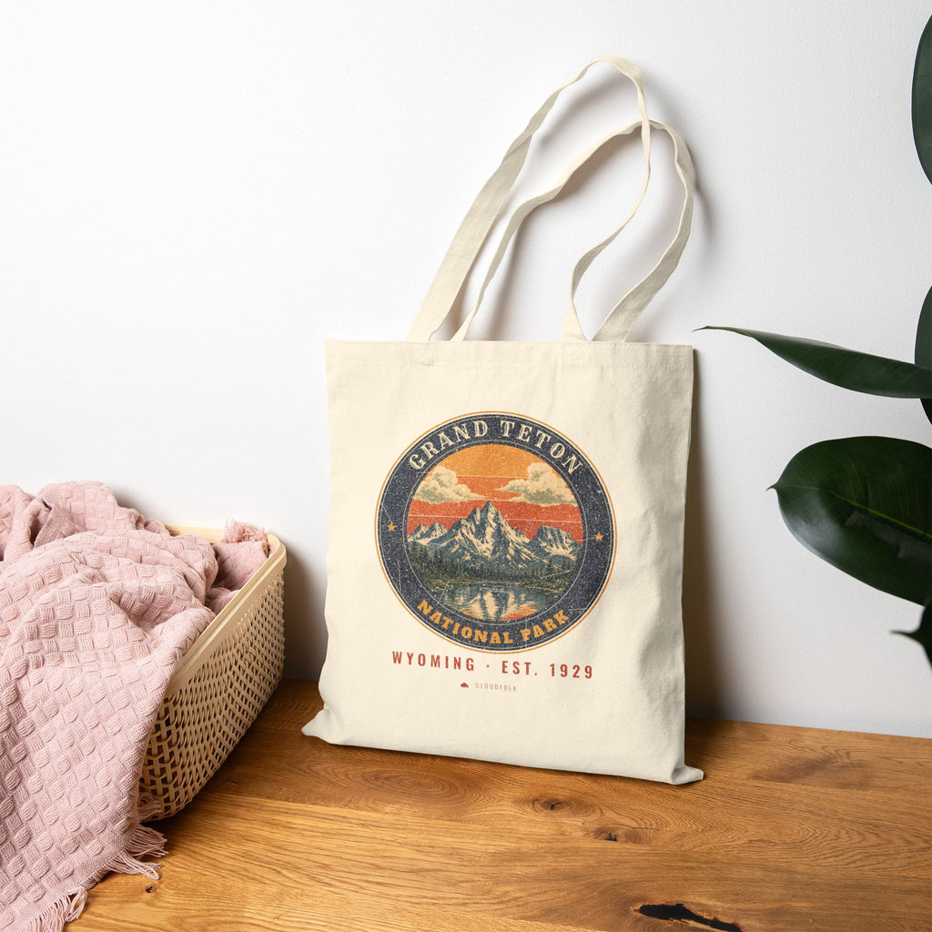 Grand Teton National Park Tote Bag – Vintage Teton Range Natural Canvas Tote – Emblem