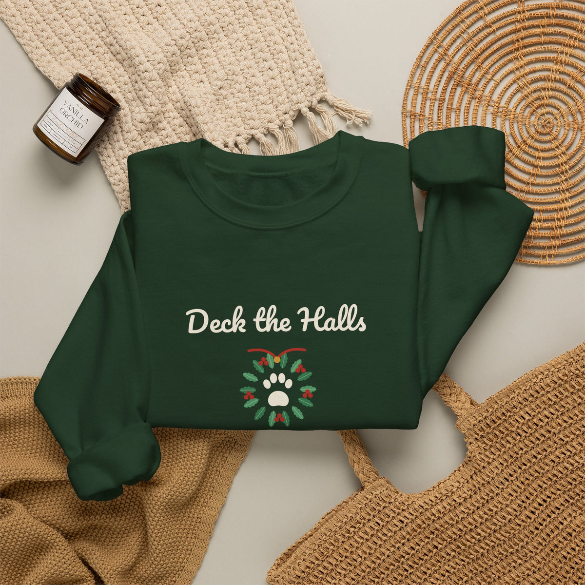 Funny Dog Christmas Sweatshirt, Deck the Halls Paw Wreath Crewneck