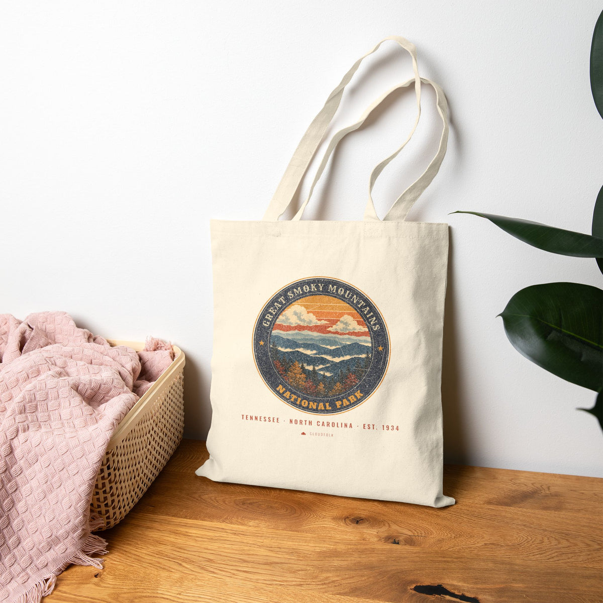 Great Smoky Mountains National Park Tote Bag – Vintage Misty Ridges Natural Canvas Tote – Emblem