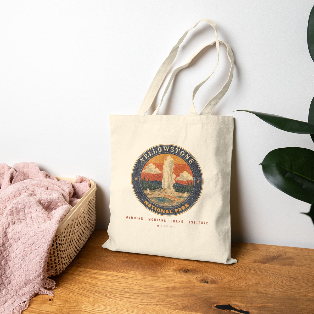 Yellowstone National Park Tote Bag – Vintage Geyser Basin Natural Canvas Tote – Emblem