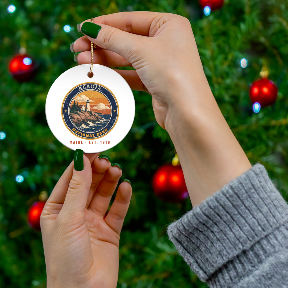 Acadia National Park Ornament – Vintage Lighthouse Coast Ceramic Christmas Ornament – Emblem
