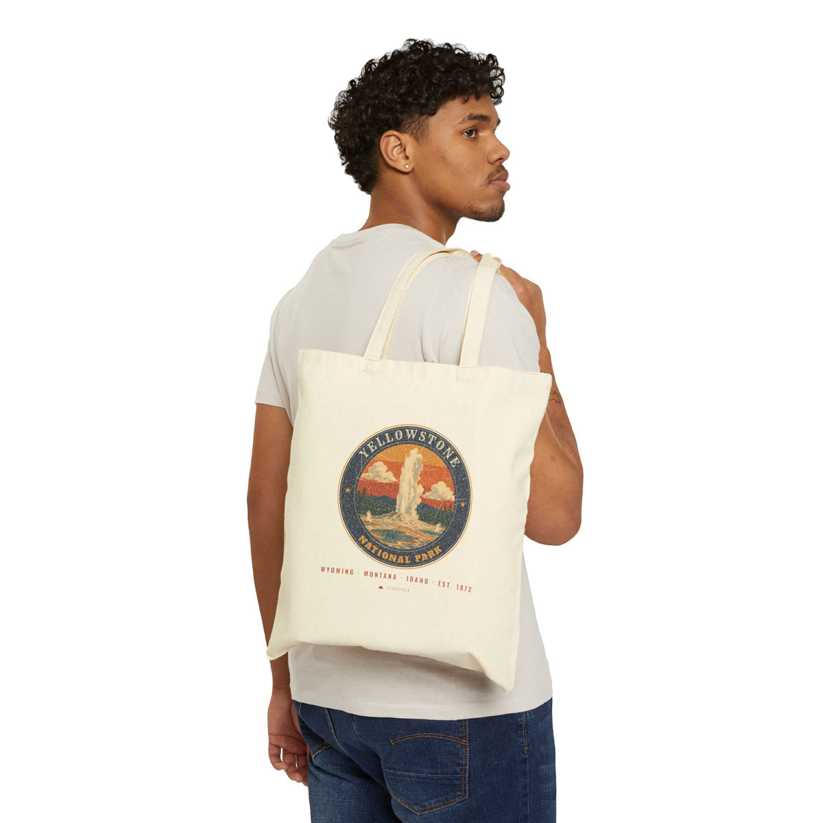 Yellowstone National Park Tote Bag – Vintage Geyser Basin Natural Canvas Tote – Emblem