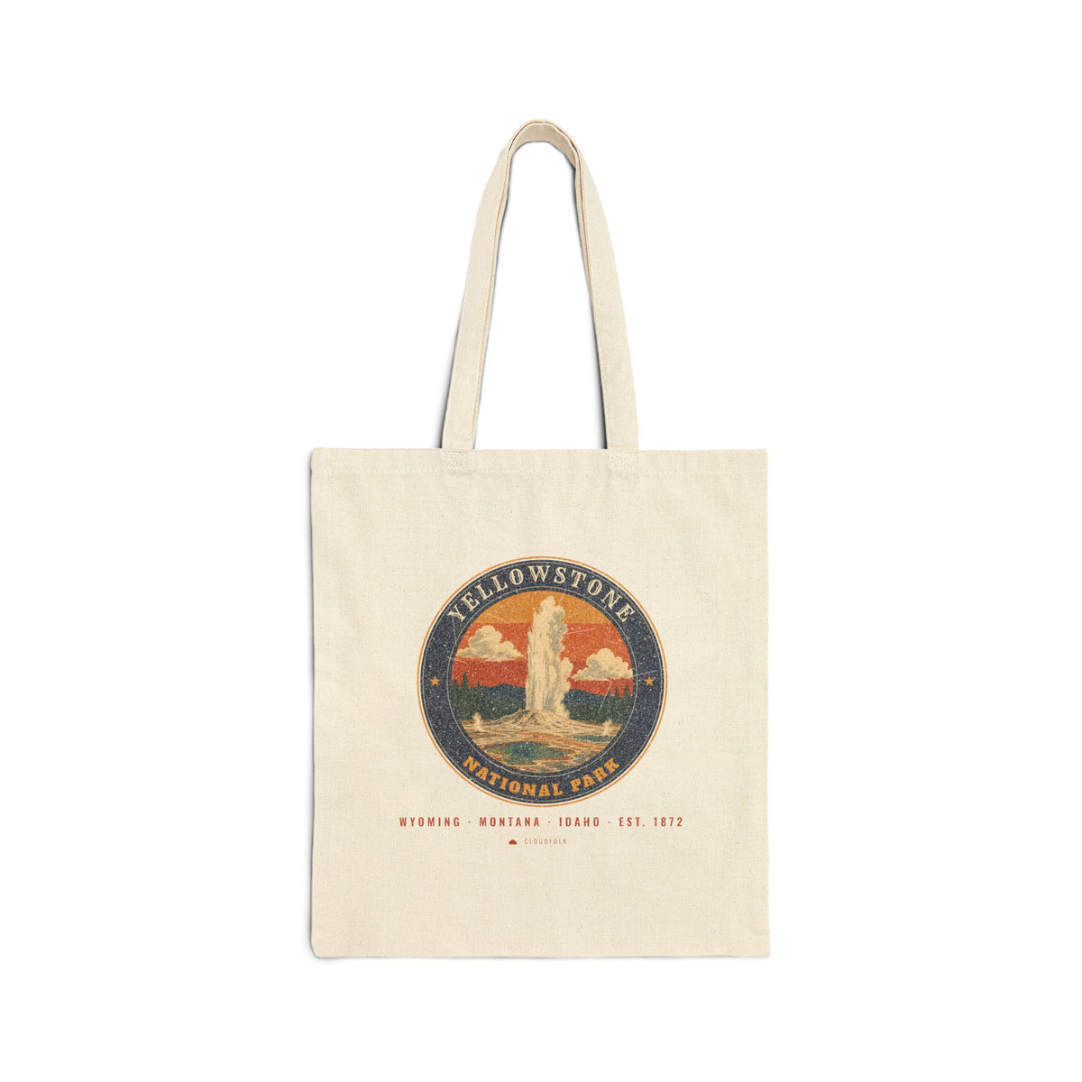 Yellowstone National Park Tote Bag – Vintage Geyser Basin Natural Canvas Tote – Emblem