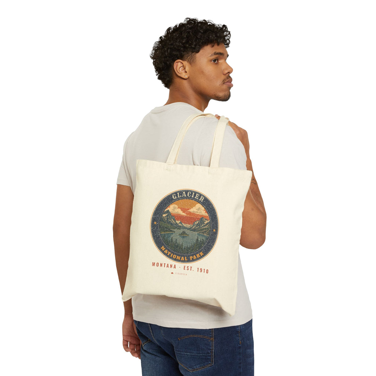 Glacier National Park Tote Bag – Vintage St. Mary Lake Natural Canvas Tote – Emblem