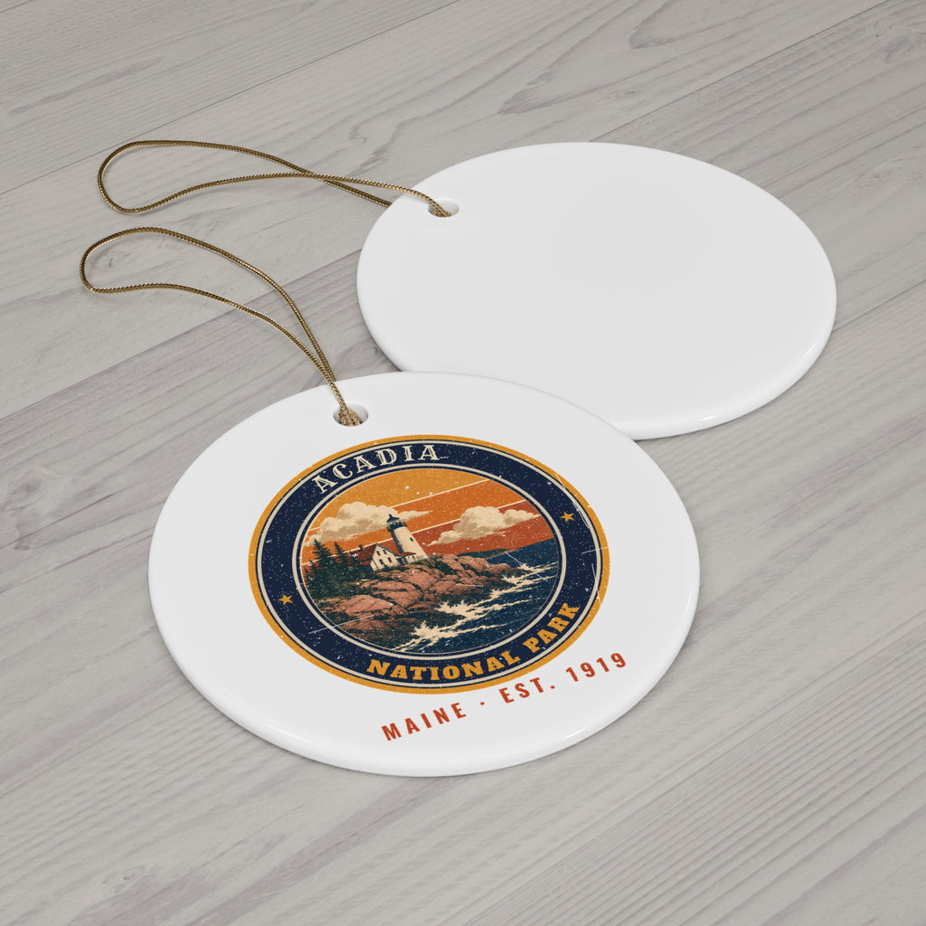 Acadia National Park Ornament – Vintage Lighthouse Coast Ceramic Christmas Ornament – Emblem