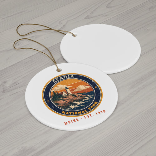 Acadia National Park Ornament – Vintage Lighthouse Coast Ceramic Christmas Ornament – Emblem