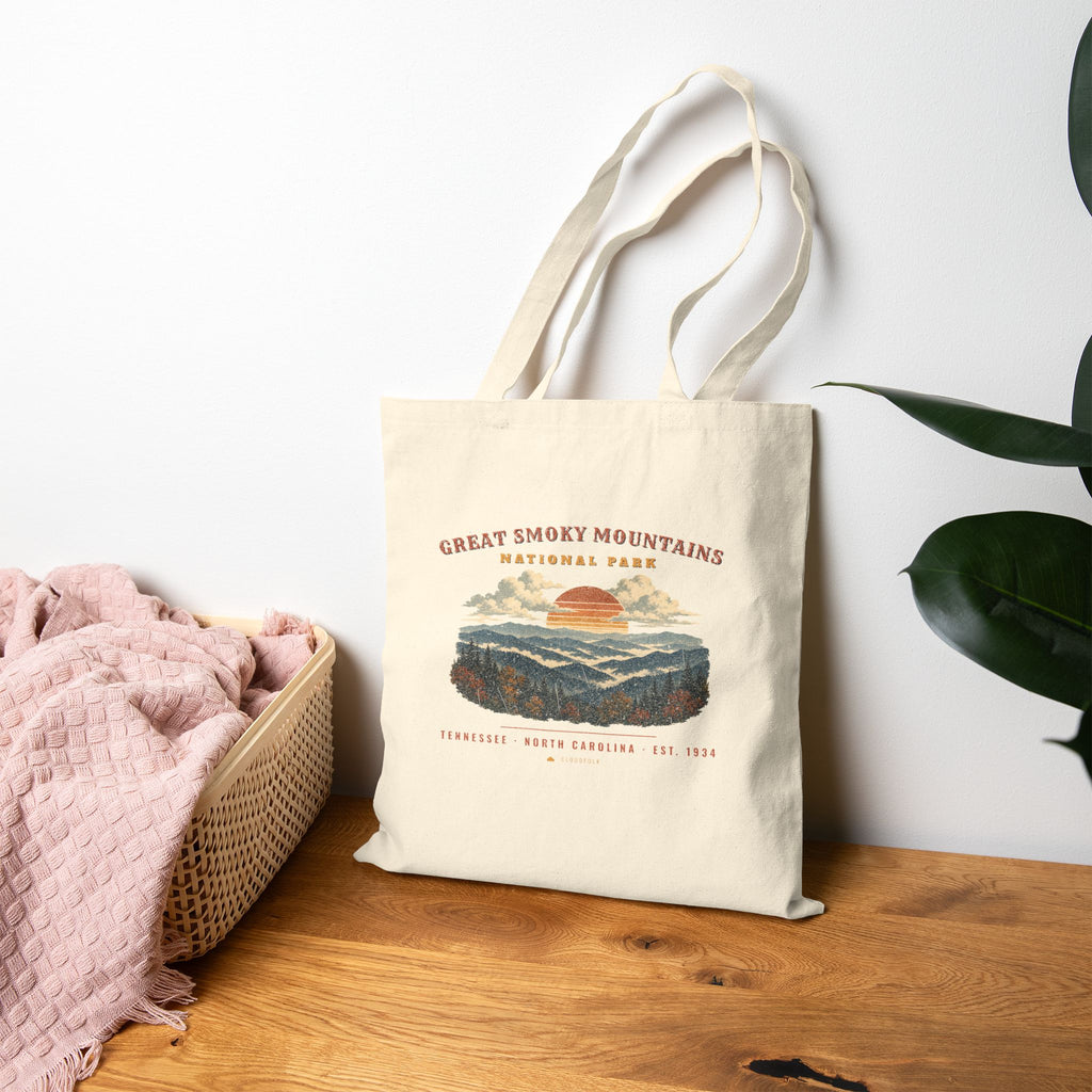 Great Smoky Mountains National Park Tote Bag – Vintage Misty Ridges Natural Canvas Tote – Landscape