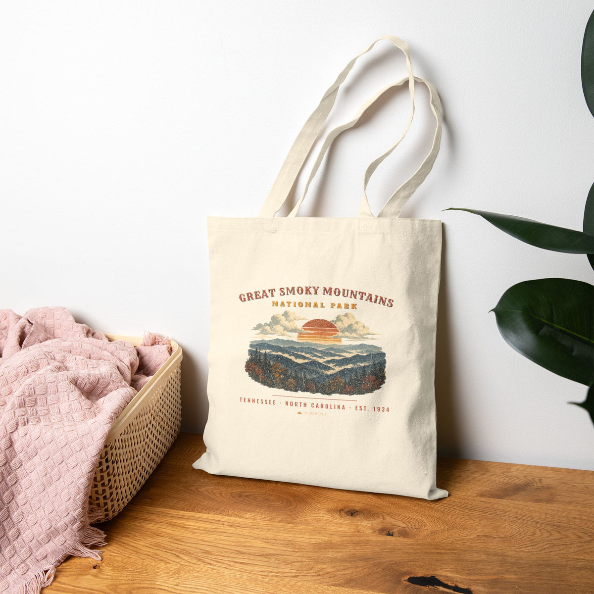 Great Smoky Mountains National Park Tote Bag – Vintage Misty Ridges Natural Canvas Tote – Landscape
