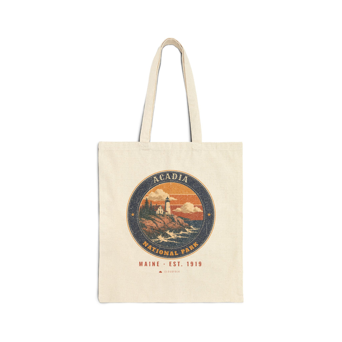 Acadia National Park Tote Bag – Vintage Lighthouse Coast Natural Canvas Tote – Emblem